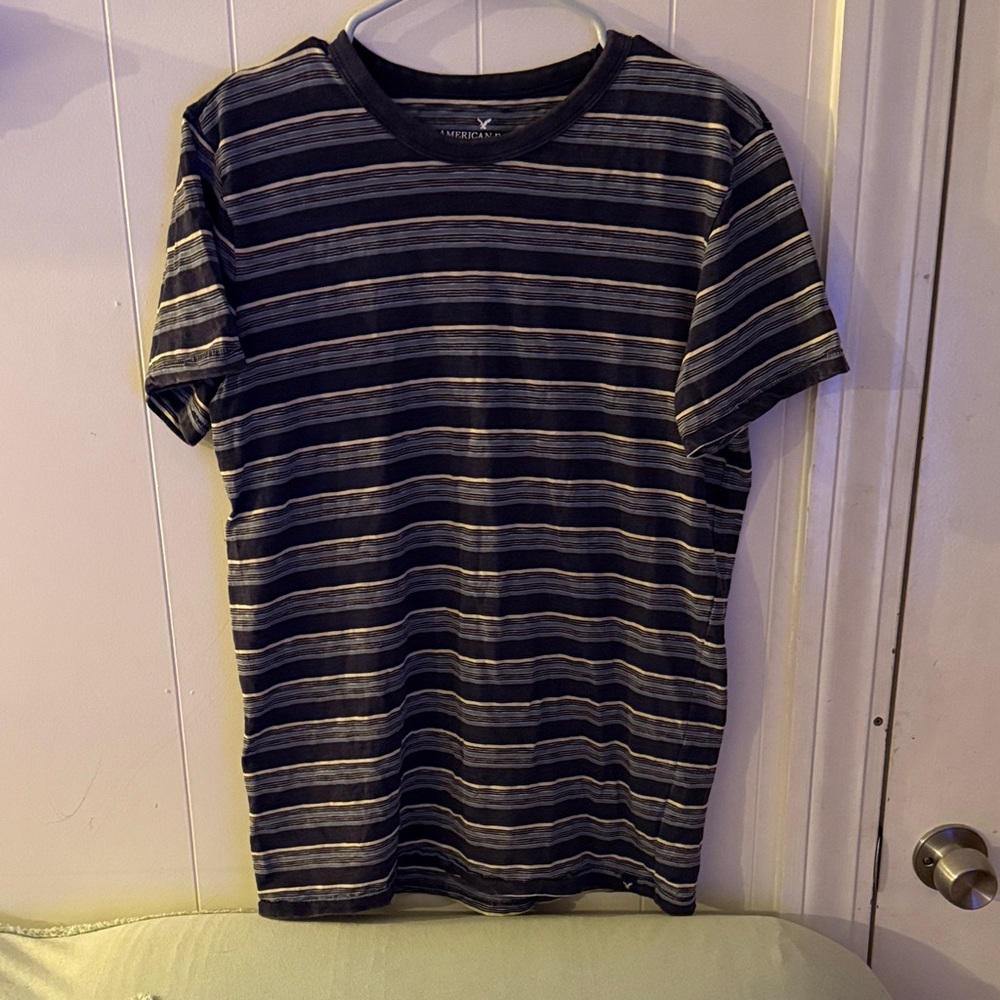 American Eagle Outfitters Men’s Black and Gray Striped Short Sleeve Tee